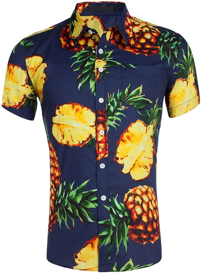 CATERTO Men's Short Sleeve Standard-Fit 100% Cotton Button Down Casual Pineapple Hawaiian Shirt