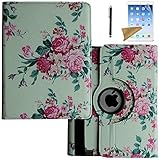 iPad 2 Case, iPad 3 Case, iPad 4 Case, Lingsor 360 Degree Rotating Stand Magnetic Smart Leather Cover Auto Sleep Wake For iPad 2/3/4 With Film And Stylus, Rose Flower