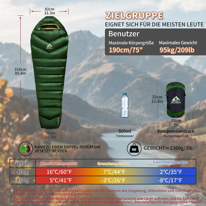 BUERTS Daunenschlafsack für den Winter – Ultraleichter, tragbarer und kompakter Winterschlafsack für Outdoor-Aktivitäten, geeignet für Erwachsene und Kinder, Camping, Wandern. (5℃, Grün) 2
