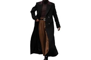 Lunuaoe Man's Double Breasted Full Length Trench Coat Casual Notch Lapel Long Jacket Peacoat Wool Blend Winter