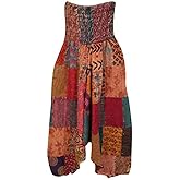 Bohemian Harem Pants Multi Red Floral Summer Stonewashed Cotton Baggy Soft Patchwork Hippy Alladin Pants S/M