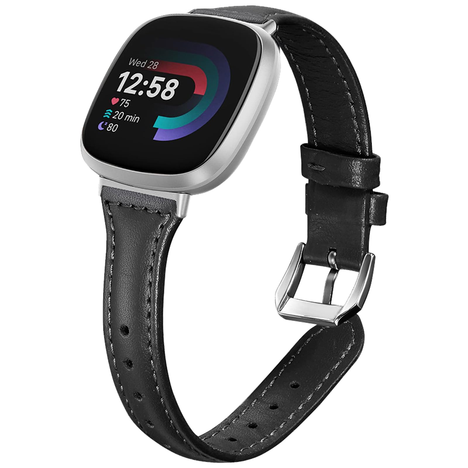 WoPail Leather Strap for Fitbit Versa 4/Versa 3, Women Slim No Gap Genuine Leather Strap with Stainless Steel Buckle Replacement Band breathable for Fitbit Sense 2/Sense 1 - Black