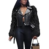 pnahip Women's Fall Winter Faux Leather Cropped Jacket Patchwork Faux Fur Long Sleeve Lapel V Neck Zipper Fluffy Coat