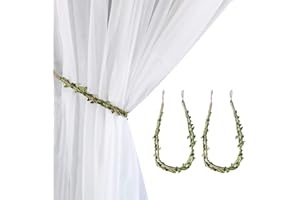 Valea Home Curtain Tiebacks Ropes Natural Burlap Rope Holdbacks with Artificial Vines Fake Foliage Ivy Leaf for Rustic Wedding Party Home Decorative Curtain Holders, Set of 2