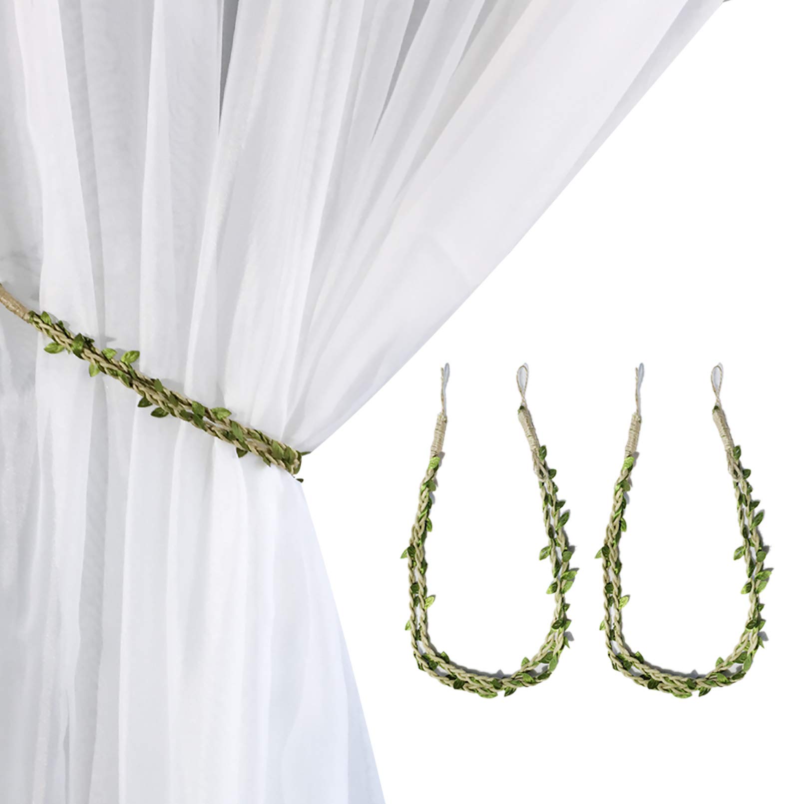 Valea Home Curtain Tiebacks Ropes Natural Burlap Rope Holdbacks with Artificial Vines Fake Foliage Ivy Leaf for Rustic Wedding Party Home Decorative Curtain Holders, Set of 2
