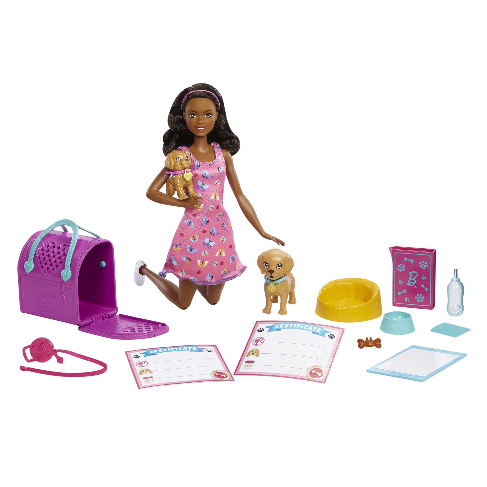 Barbie Doll and Accessories Pup Adoption Playset with Brunette Doll in Pink, 2 Puppies, Color-Change Animal and Pee Pad, Working Carrier and 10 Pieces, HKD87