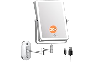 FASCINATE 5000mAh Rechargeable Wall Mounted Makeup Mirror, 8.7" Double Sided Touch Switch 1X 20X Rectangle Wall Mounted Magni