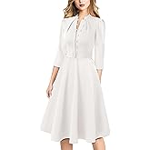 VFSHOW Womens 2024 Business Work Office 3/4 Sleeve Pockets Belted Buttons Elegant Fit and Flare A-Line Dress