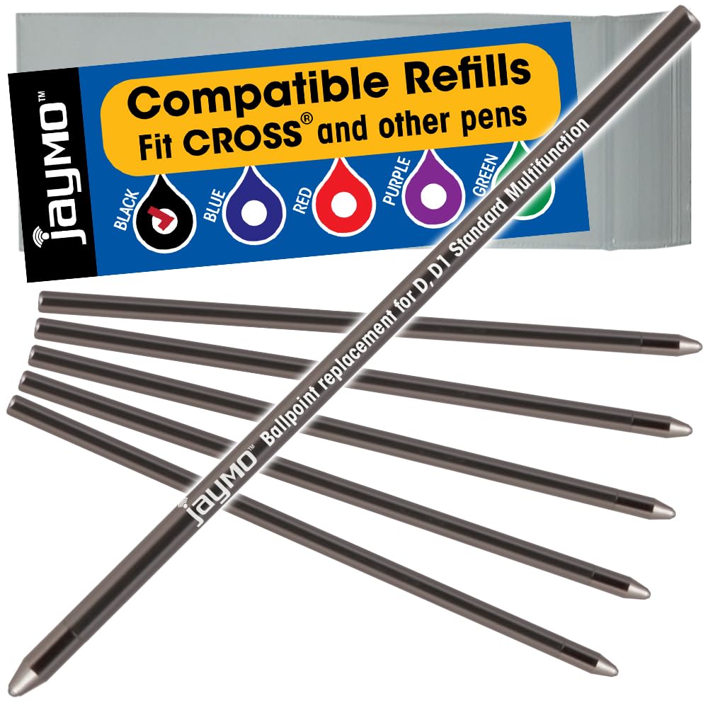 Jaymo Replacement for Cross 8518-4 and Schmidt 635 - Measures 2.625 in / 67 mm Long - D (D1) Standard Multifunction Mini Ballpoint Pen Refill - 6 Black
