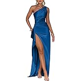 Memoriesea Women's Plus Size Satin Sexy One Shoulder High Split Cocktail Wedding Party Maxi Dress