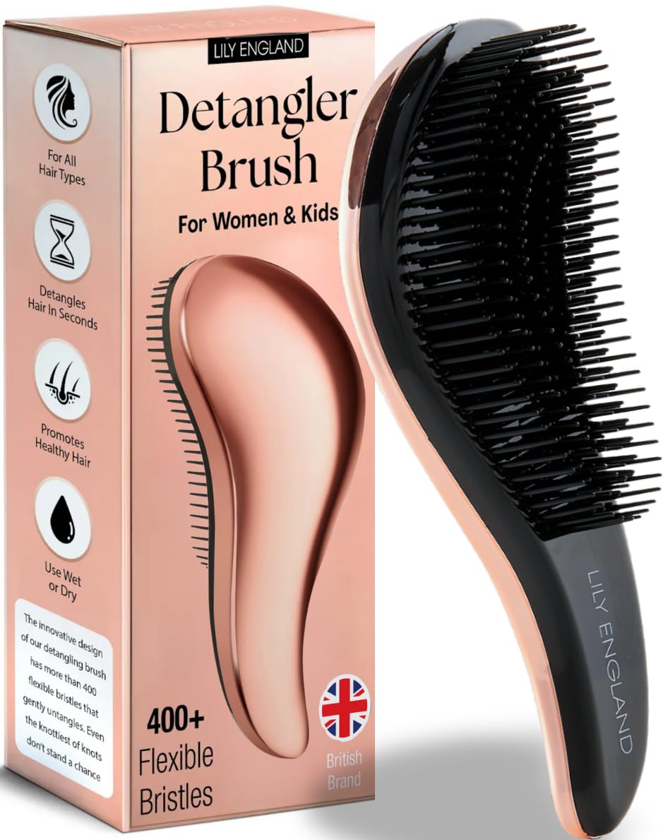 Lily England Detangle Hair Brush for Thick, Curly & Straight Hair - Detangling Hairbrush for Women, Kids & Toddlers with Flexible Bristles - Smooth Detangler for Wet & Dry Hair, Rose-Gold