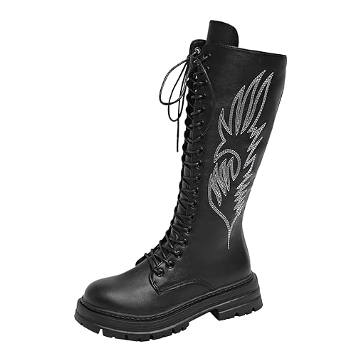 DFSDJEUW ankle boots for women Women's Knee High Boots Waterproof Riding Combat Boot Lace Up and Zip Shoes Platform Chunky Heel Walking Booties Comfortable Wide Fitting Winter Outdoor Boot Black 4.5