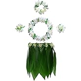 KEFAN Leaf Hula Skirt and Hawaiian Leis Set Grass Skirt with Artificial Hibiscus Flowers for Hula Costume and Beach Party