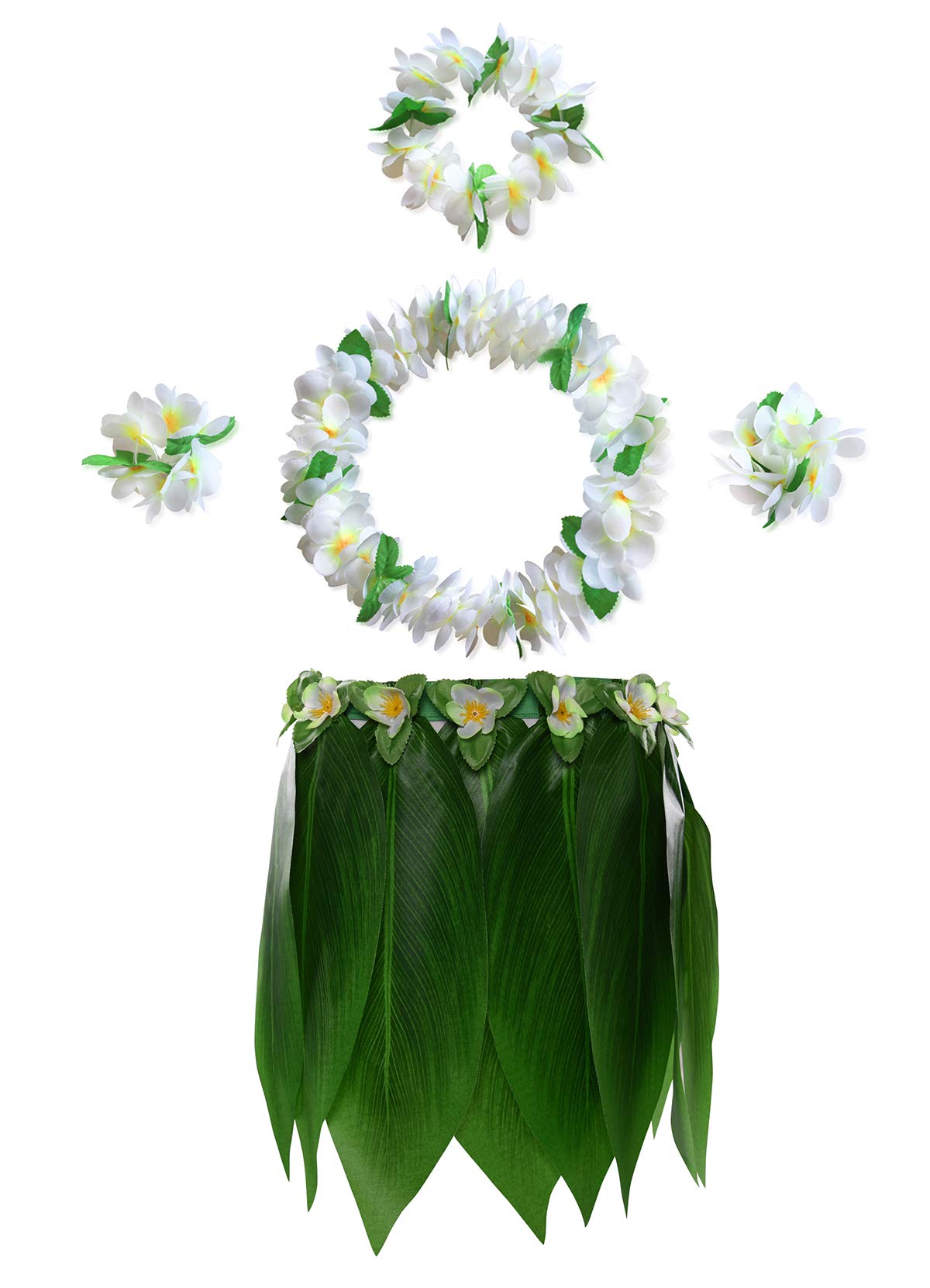 Photo 1 of KEFAN Leaf Hula Skirt and Hawaiian Leis Set Grass Skirt with Artificial Hibiscus Flowers for Hula Costume and Beach Party (F)