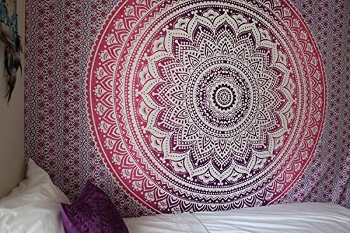 Indian Hippie Bohemian Psychedelic Ombre Mandala Wall Hanging Tapestry Purple Pink Queen Size Large, 84x90 Inches, 215x230 Cm
