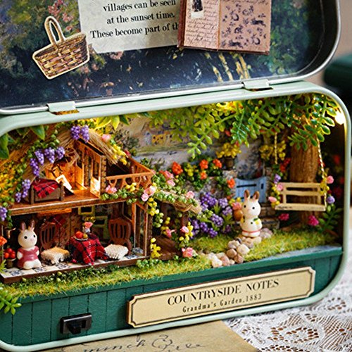 Diy Dollhouse Kit,Aolvo Miniature 3D Retro Tin Box Theme Theatre Model With Led Light Creative Craft Perfect Valentine's Day and Birthday Gift (Countryside) Including Tools