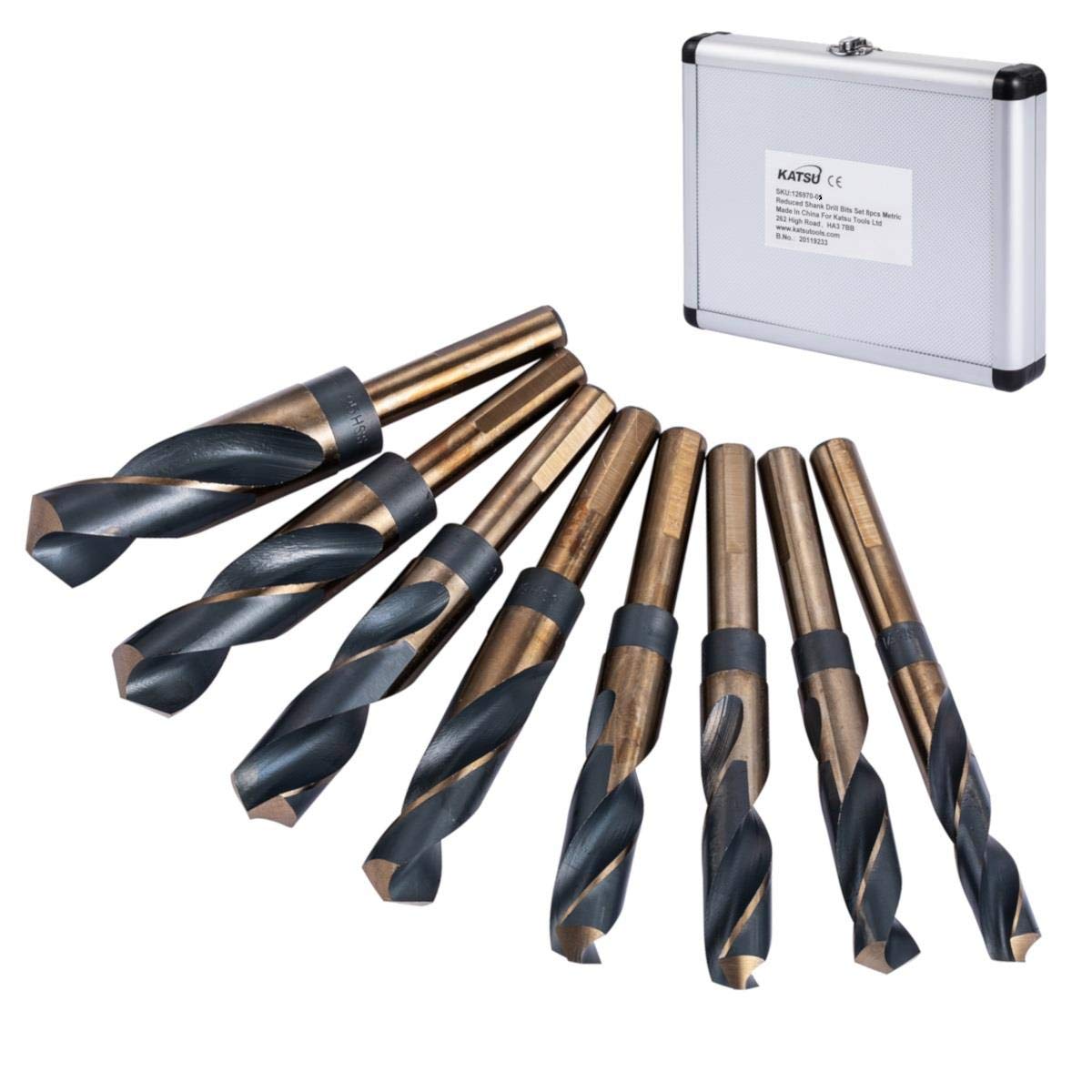 KATSU Reduced Shank Drill Bits Set 8Pcs, 9/16"-1" Imperial High Speed Steel HSS Blacksmith Twist Drill Bits 1/2" Shank for Wood Metal Steel in Aluminum Case 12697006