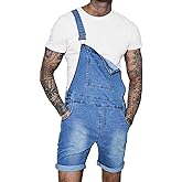Runcati Mens Denim Shorts Bib Overall Jean Romper Casual Loose Fit Walkshort Button Pockets Summer Jumpersuit