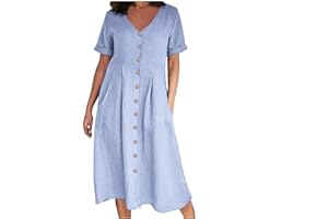 SHOPESSA Linen Dresses for Women 2024 Casual V Neck Button Up Midi Dress with Pockets Short Sleeve Flowy Summer Dress