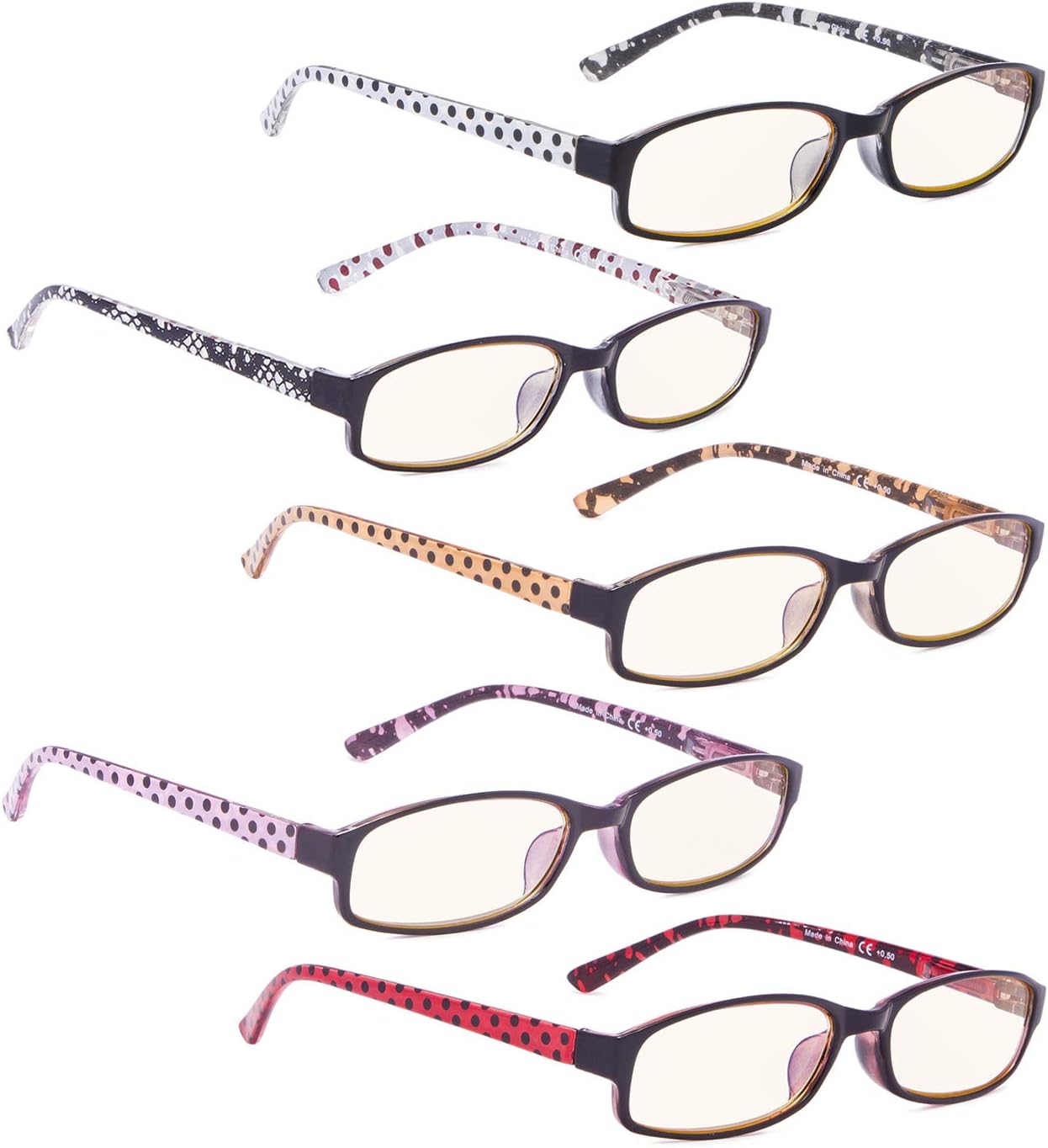 COMPUTER READING GLASSES 5 pack with UV Protection Polka Dots Patterned Temples Readers