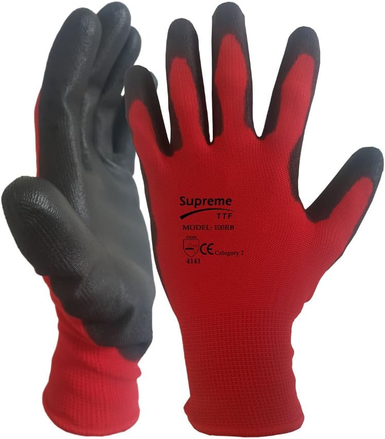 24 Pairs Red Black Nitrile Coated Nylon Safety Work Garden Gloves Builders Mens Gardening (Large)