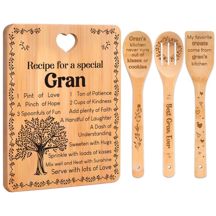 Gran Gifts - "Recipe for a Special Gran" Gran Gifts for Grandma Cutting Board Set, Bamboo-Made Engraved Utensil Set Gifts for Gran Cutting Board, Best Gran Ever Gifts. Image
