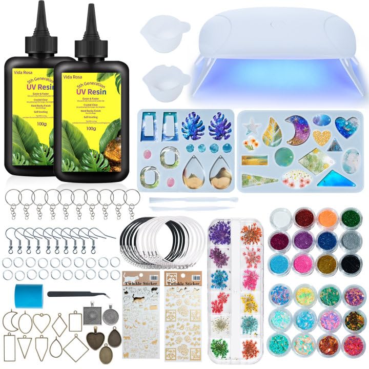 VidaRosa UV Resin Kit 180 pcs with UV Lamp, Resin Gule Crystal Clear for Jewelry Making and Coating, Resin Accessories,Epoxy Resin Starter Kit for Beginners,Earring, Necklace