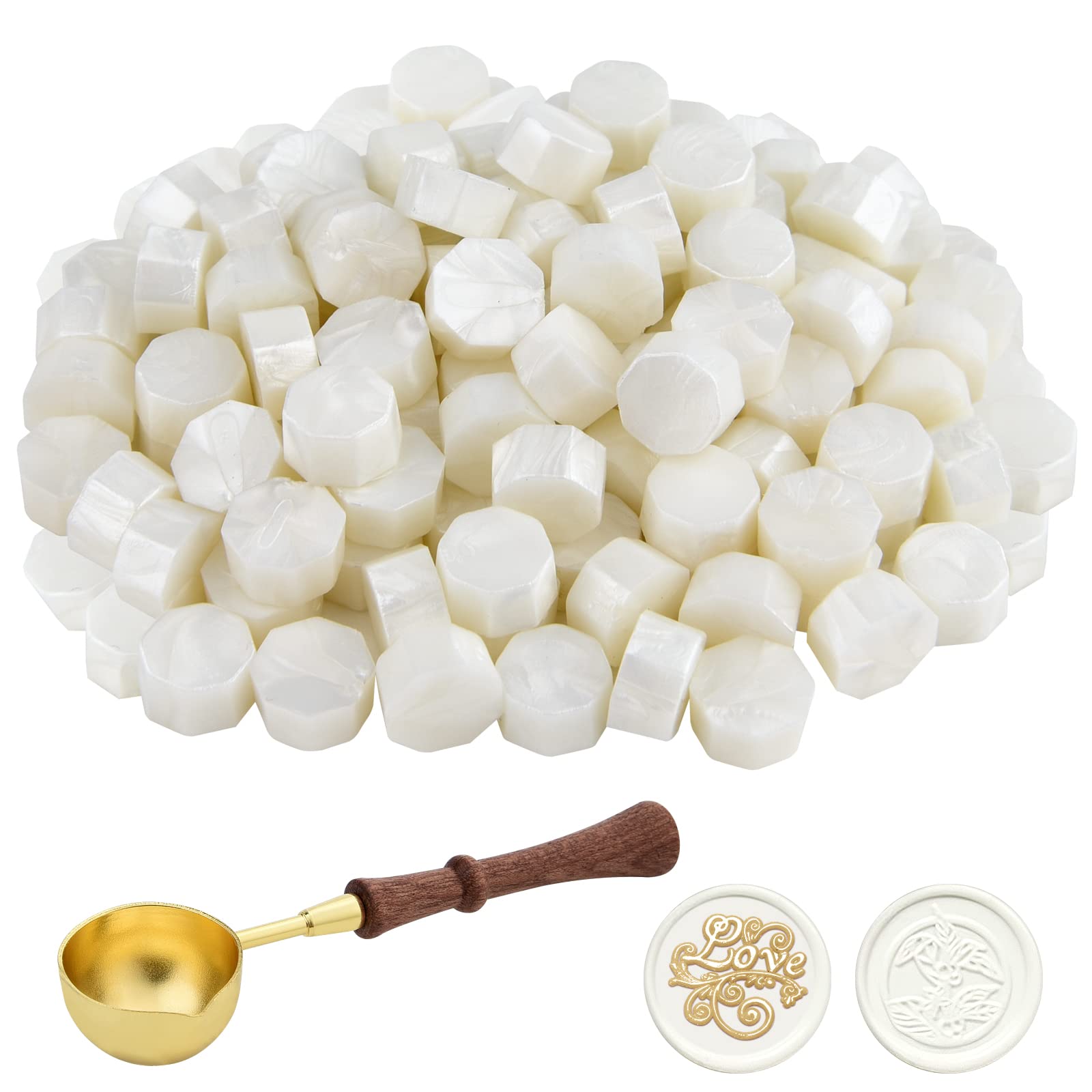 Astaron 300 Pcs Sealing Wax Beads, Lots of Colors Options for Seal Stamp, Octagon Kit with 1 Melting Spoon, Perfect Invitations Cards Envelopes Wine Packages Gift Wrapping, Pearl White