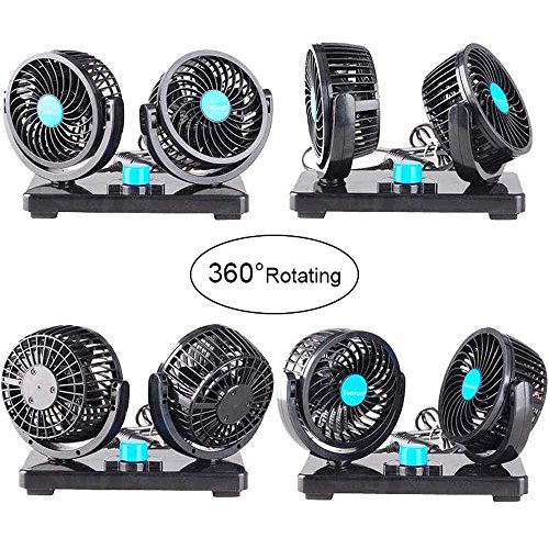 Taotuo 12V Electric Car Fan 360 Degree Rotatable 2 Speed Dual Head Car Auto Cooling Air Circulator Fan for Van SUV RV Boat Auto Vehicles Golf