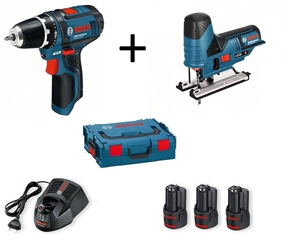 BOSCH-Set: Akku-Bohrschrauber GSR 10,8-2-Li/12V Prof. + Akku-Stichsäge GST 10,8V/12V-Li Prof. inkl. 3x Akku 2,0 Ah und Ladege