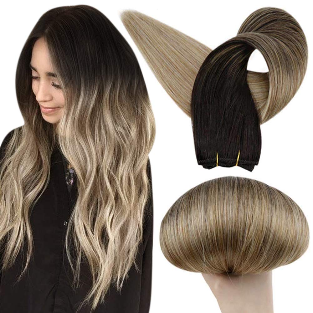 Full Shine 16 Inch Sew in Hair Extension 100 Percent Human Hair Weft Bundles Color 1B Off Black Fadi