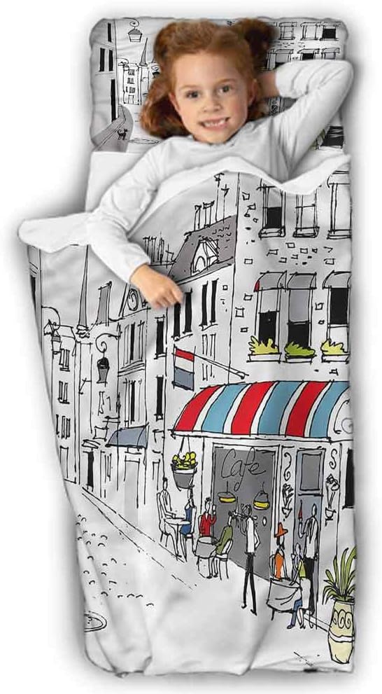 Paris Children’s Sleeping Bag Parisian Cafe Cobbled Street for Preschool, Daycare, Kindergarten 43X21 INCH