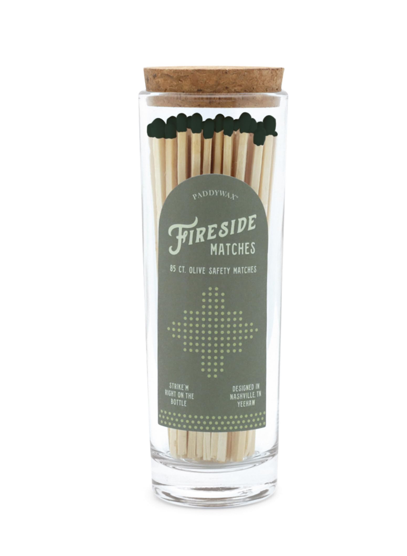 Paddywax Glass Jar Match Holder with Striker with 85 Fireplace Fireside Safety Matches, Green Tip