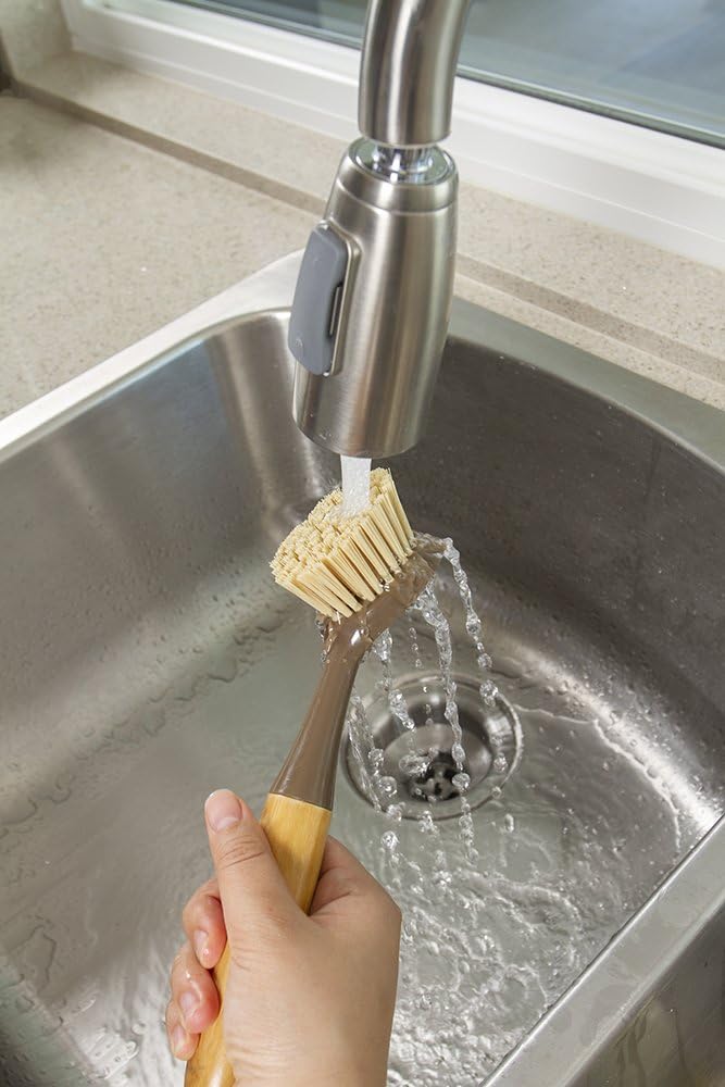 Bamboo Naturals Long Handle Brush 1 Pack Dish Scrubber with Built-in Food Scraper, Made of Sustainable Recycled Plastic: Home & Kitchen