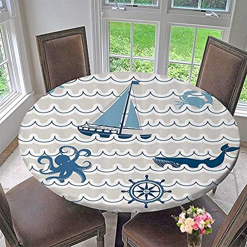 Mikihome Modern Table Cloth Wavewith Nautical Elements ICS Octopus Crab Starfish and Whale Artwork 31.5"-35.5" Round (Elastic Edge)