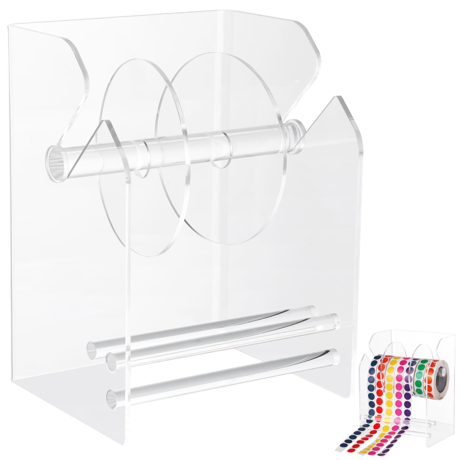 Photo 1 of Clear Label Roll Holder, Transparent Acrylic Tape Dispenser, Adjustable Desktop Sticker Roll Holder for Office and Home, Adjustable Sticker Roll Holder with 2 Removable Divider Disks