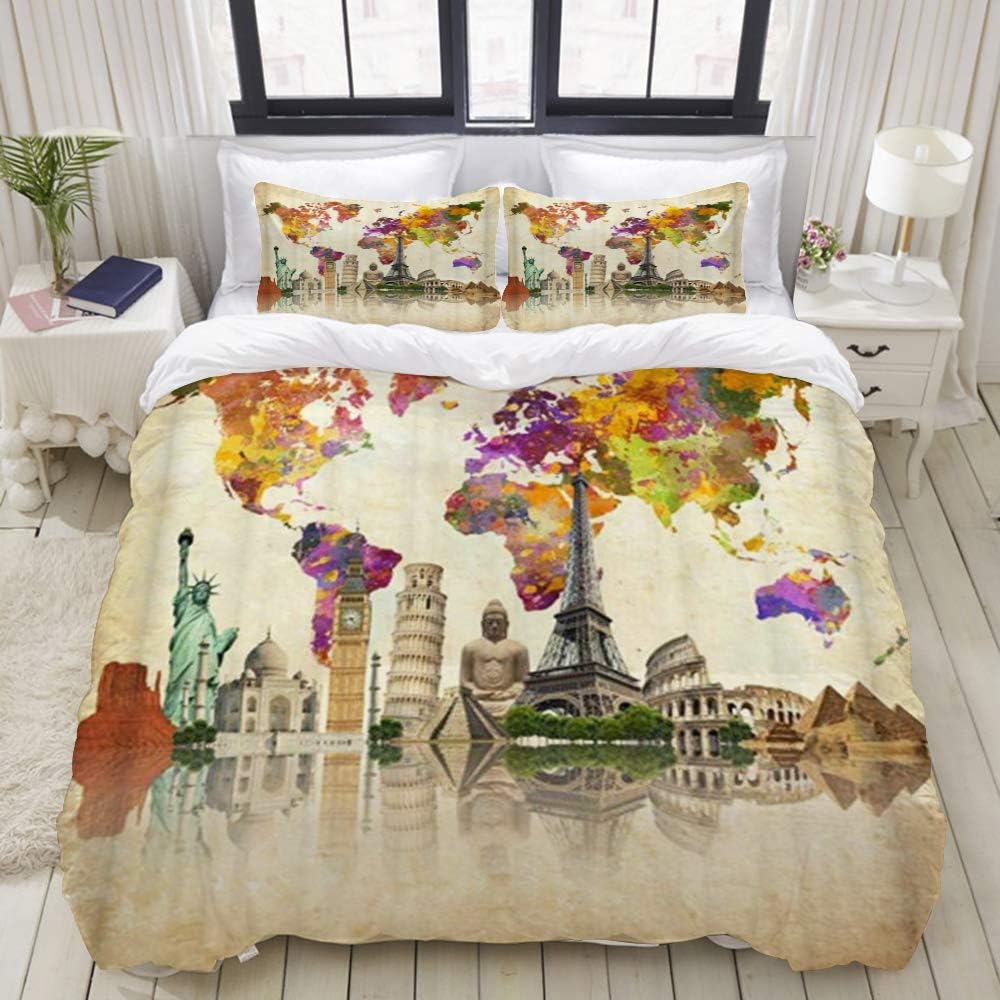 LIASDIVA Duvet Cover,World Map Famous Scenic Site Eiffel Tower Statue of Liberty,Bedding Set Ultra Comfy Lightweight Luxury Microfiber Sets (3pcs Twin Size 68" 88")