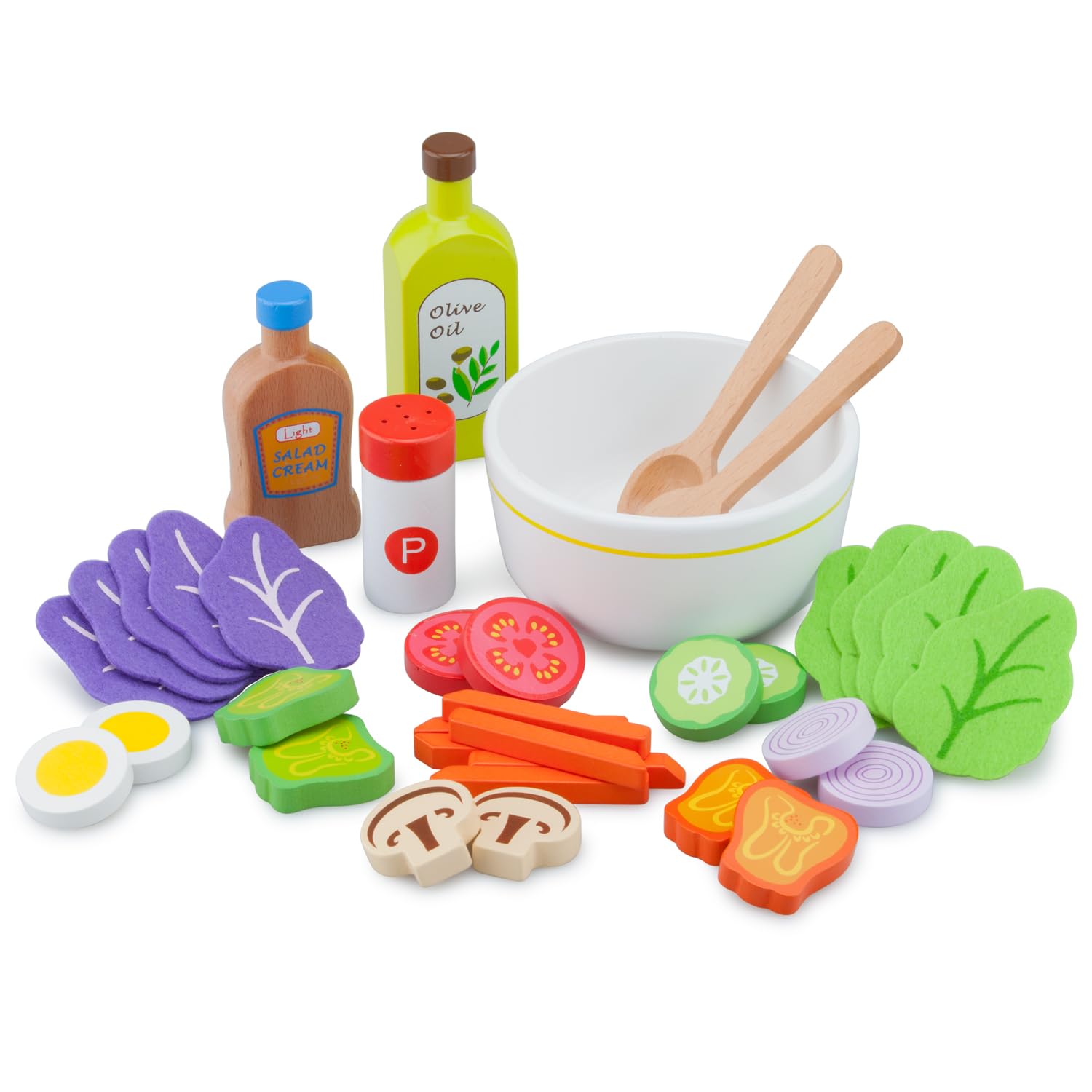 New Classic Toys - Wooden Salad Set with Salad Bowl, Salad Cream and Accessories - Pretend Play Food, Kids Toys, Kitchen Accessories for Kids - Play Kitchen Accessories - Set of 1