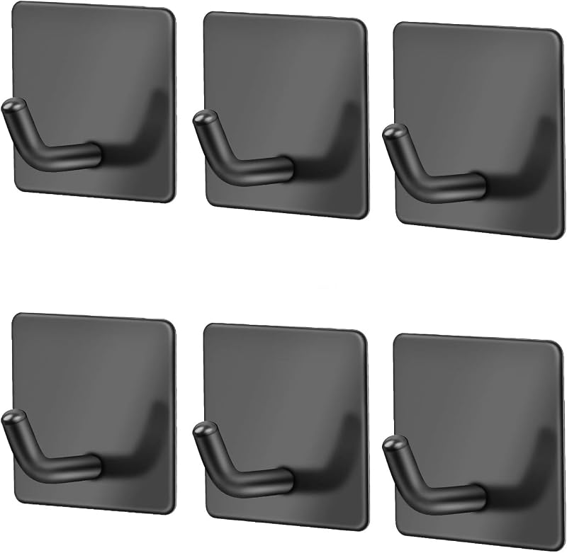 JS Self Adhesive Black Hooks 6 Pack Stainless Steel Towel Holder No Drill Wall