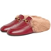 Vertundy Fur Mules with Matal Buckle Slip On Flats for Women Backless Sandals Dress Shoes Work Slides