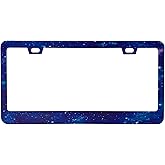 Supdanautodechere Blue Galaxy Space Stars Sparkling Decorative License Plate Frame, 2 Holes Matte White Powder Coated Stainless Steel Car License Plate Cover Holder for Standard US Vehicles 6x12 inch