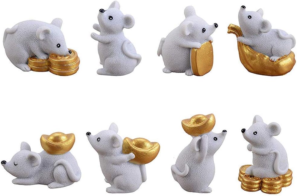 MISAZ 8 Pieces Miniature Mouse Figure Animal Rat Toys Decorations, Micro Landscape Decor Office Table Desk DIY Figurines Resin Money Rats Ornaments Statue, Grey