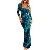 OKIFOIR Women's Long Sleeve Tie Dye Dress Square Neck Mesh Ruched Cocktail Maxi Dresses