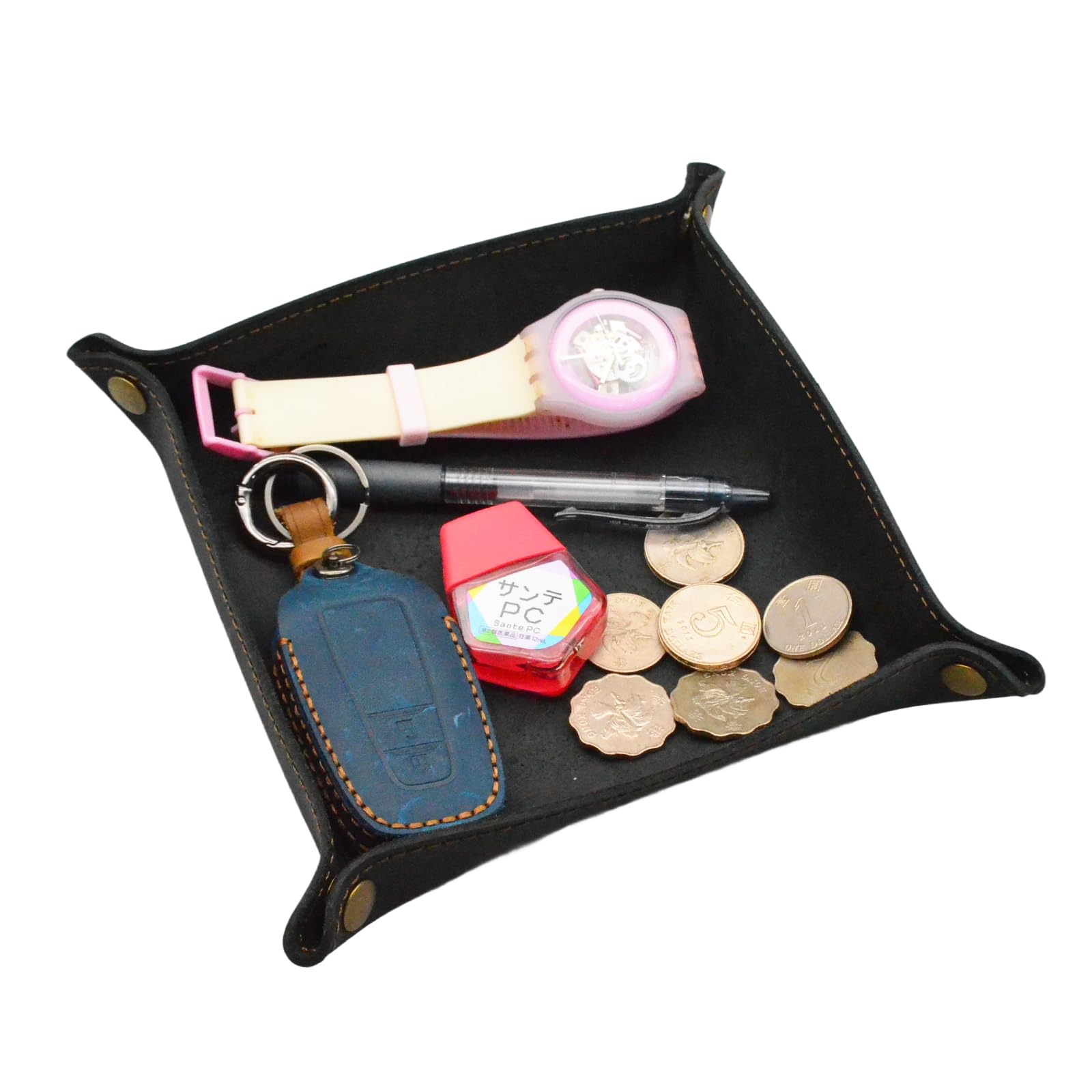aolaso Valet Tray for Men, Handmade Leather Coin Tray Jewelry Catchall Tray Desktop Storage Organiser- Beside Trinket Vanity Tray for Key, Wallet, Phone, Watches, Coins
