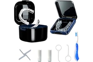 POZLLE Denture Bath Box Cup,Denture Bath Case with Strainer Basket,Orthodontic Retainer box,Retainer Cleaning Box,Soak Cup Fixed box，With braces chewable tablets,Braces removal tool and toothbrush（black）…