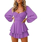 Fixmatti Women off Shoulder Rompers Lantern Long Sleeve Ruffle Tie Mini Shorts Jumpsuit