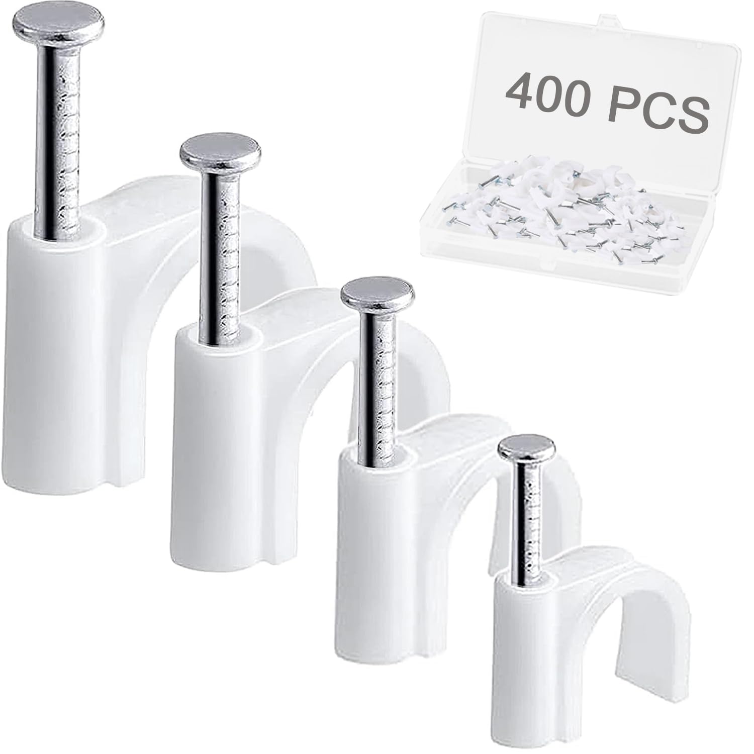 400pcs Cable Nail Clips with Storage Box, 4 Size(4mm 6mm 8mm 10mm) Durable Round Nails Cable Clips, Wire Tidy Clips Pins Cable Tacks for Ethernet, Electrical Cables, Wires
