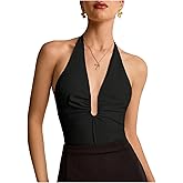 SweatyRocks Women's Sexy Sleeveless Halter V Neck Open Back Leotard Bodysuit Tops