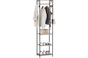 Cerlyunzan Coat Rack With Hanging Rod, Garment Rack With 3 Wooden Shelves and 4 Hooks, Freestanding Hall Tree, Industrial Clothes Rack Stand Organizer, Greige and Black
