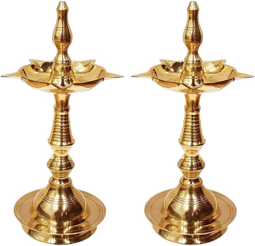 Oil Lamps & Accessories - TIED RIBBONS 10 Inch Kerela Diya Brass Stand Samai Diyas Set of 2 | Golden Brass Deepam Diya Oil Lamps for Pooja and Diwali Decorations for Home | Traditional Indian Return Gifts for Pooja and Home